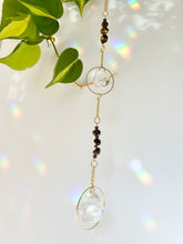 Load image into Gallery viewer, Double Prism Suncatcher with Tiger's Eye & Amethyst Beads in Gold Frames – Rainbow Light Window Decor