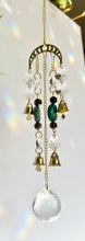 Load image into Gallery viewer, Gold Moon Phases Suncatcher with Turquoise & Tiger’s Eye Beads, Bells, and Crystal Accents – Witchy Boho Decor