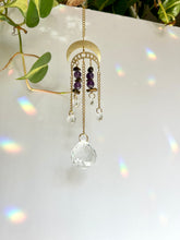Load image into Gallery viewer, Suncatcher with Two Gold Moon Charms, Amethyst & Tiger’s Eye Beads, and Prism Accents – Celestial Light Decor