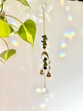 Load image into Gallery viewer, Mini Gold Moon Suncatcher with Turquoise Clay & Tiger’s Eye Beads, Gold Chain, and Bells – Witchy Boho Rainbow Light Decor