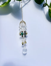 Load image into Gallery viewer, Gold Moon Phases Suncatcher with Turquoise & Tiger’s Eye Beads, Bells, and Crystal Accents – Witchy Boho Decor