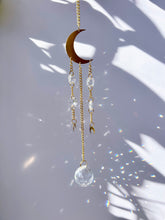 Load image into Gallery viewer, Gold Moon Sun Catcher – Light Prism Rainbow Maker with Tiger’s Eye + Amethyst Beads