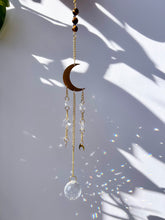 Load image into Gallery viewer, Gold Moon Sun Catcher – Light Prism Rainbow Maker with Tiger’s Eye + Amethyst Beads