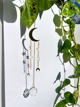 Load image into Gallery viewer, Gold Moon Sun Catcher – Light Prism Rainbow Maker with Tiger’s Eye + Amethyst Beads