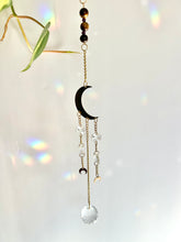 Load image into Gallery viewer, Gold Moon Sun Catcher – Light Prism Rainbow Maker with Tiger’s Eye + Amethyst Beads