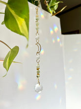 Load image into Gallery viewer, Mini Gold Moon Suncatcher with Aventurine & Citrine Beads – Rainbow Light Prism Decor