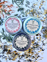 Load image into Gallery viewer, Herbal Salve Set | All-Purpose, Muscle Rub & Black Drawing Salve | Natural First Aid Kit for Cuts, Burns, Sore Muscles, Stings & Splinters