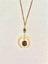 Load image into Gallery viewer, Gold Half Moon Necklace with Labradorite, Amazonite & Tiger’s Eye – Celestial Crystal Jewelry, Adjustable Chain