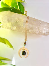 Load image into Gallery viewer, Gold Half Moon Necklace with Labradorite, Amazonite & Tiger’s Eye – Celestial Crystal Jewelry, Adjustable Chain