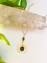 Load image into Gallery viewer, Gold Half Moon Necklace with Labradorite, Amazonite & Tiger’s Eye – Celestial Crystal Jewelry, Adjustable Chain