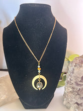 Load image into Gallery viewer, Gold Half Moon Necklace with Labradorite, Amazonite & Tiger’s Eye – Celestial Crystal Jewelry, Adjustable Chain