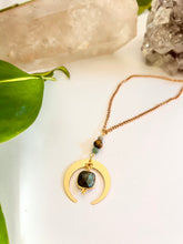 Load image into Gallery viewer, Gold Half Moon Necklace with Labradorite, Amazonite & Tiger’s Eye – Celestial Crystal Jewelry, Adjustable Chain
