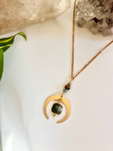 Load image into Gallery viewer, Gold Half Moon Necklace with Labradorite, Amazonite & Tiger’s Eye – Celestial Crystal Jewelry, Adjustable Chain