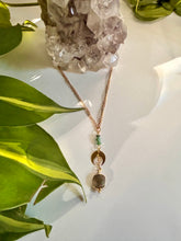 Load image into Gallery viewer, Gold Half Moon Necklace with Labradorite, Amazonite & Green Quartz – Celestial Crystal Jewelry, Adjustable Chain