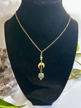 Load image into Gallery viewer, Gold Half Moon Necklace with Labradorite, Amazonite & Green Quartz – Celestial Crystal Jewelry, Adjustable Chain
