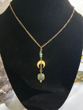 Load image into Gallery viewer, Gold Half Moon Necklace with Labradorite, Amazonite & Green Quartz – Celestial Crystal Jewelry, Adjustable Chain
