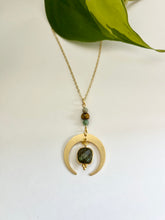 Load image into Gallery viewer, Gold Half Moon Necklace with Labradorite, Amazonite & Tiger’s Eye – Celestial Crystal Jewelry, Adjustable Chain