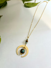 Load image into Gallery viewer, Gold Half Moon Necklace with Labradorite, Amazonite & Tiger’s Eye – Celestial Crystal Jewelry, Adjustable Chain