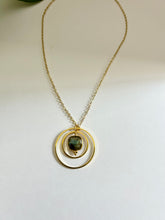 Load image into Gallery viewer, Gold Concentric Circle Necklace with Labradorite – Geometric Crystal Jewelry, Adjustable Chain
