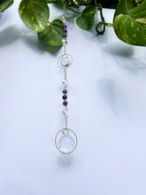 Load image into Gallery viewer, Elegant dual prism suncatcher with Amethyst and Citrine beads framed in gold circles