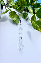 Load image into Gallery viewer, Handmade dual prism suncatcher with Amethyst and Citrine beads and gold metal circles for rainbow reflections