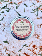 Load image into Gallery viewer, Cayenne Lemongrass Herbal Muscle & Joint Rub in a 2 oz tin, handcrafted with organic oils and wildcrafted herbs.
