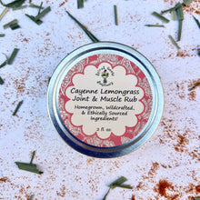 Load image into Gallery viewer, Cayenne Lemongrass Herbal Muscle & Joint Rub in a 2 oz tin, handcrafted with organic oils and wildcrafted herbs.