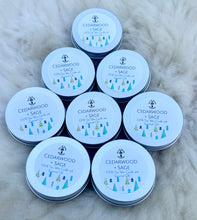 Load image into Gallery viewer, Cedarwood & Sage Soy Wax Candle – 2 oz., Handcrafted with Clear Quartz Crystal for Calming Energy, Ideal for Meditation, Relaxation, and Creating Cozy Ambiance.