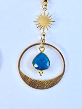 Load image into Gallery viewer, Detail of celestial brass sun charm, moonstone, and denim opal artisan earrings.