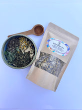 Load image into Gallery viewer, Packaged herbal tea in kraft pouch | Children’s Calming Tea handcrafted with homegrown herbs for peaceful routines