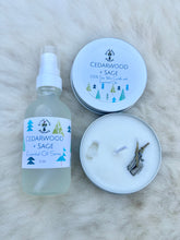 Load image into Gallery viewer, Complete Cedar + Sage Aromatherapy Set – Hand-Poured Soy Candle with Clear Quartz Crystal and Essential Oil Spray
