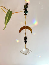 Load image into Gallery viewer, Close-up of agate and tiger’s eye beads on gold chain of half moon suncatcher