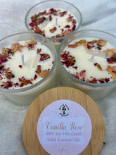 Load image into Gallery viewer, Scented Vanilla Rose Soy Wax Candle with Rose Petals and Clear Quartz – Natural Soy Wax in a Glass Jar with Bamboo Lid for a Clean, Long-Lasting Burn. Ideal for Self-Care, Relaxation, and Gift-Giving with a Calming Floral Fragrance.