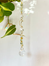 Load image into Gallery viewer, Mini gold moon suncatcher with Aventurine and Citrine beads and crystal prism for rainbow window décor