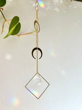 Load image into Gallery viewer, Boho gold moon phase suncatcher with prism reflections and prism beads