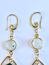 Load image into Gallery viewer, Handmade moonstone and denim opal bohemian earrings featuring spiral brass hooks.