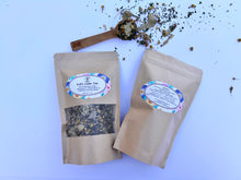 Load image into Gallery viewer, All-natural calming herbal blend for children, highlighting hand-blended chamomile, lemon balm, and linden from Appalachia.