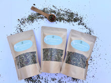 Load image into Gallery viewer, Nutritive Nourishment herbal blend showcasing nettle, alfalfa, red clover, oatstraw, dandelion leaf, and spearmint in loose leaf form.