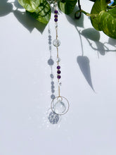 Load image into Gallery viewer, Rainbow light suncatcher with Amethyst and Citrine beads, two prisms in gold circle frames