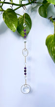 Load image into Gallery viewer, Dual prism suncatcher with gemstone accents, gold metal circles, and vibrant rainbow reflections