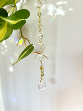 Load image into Gallery viewer, Spiritual home accent suncatcher with Aventurine and Citrine beads, gold moon, and prism rainbow reflections
