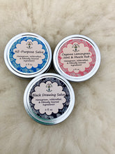 Load image into Gallery viewer, Herbal salve set with wildcrafted plantain leaf and comfrey, ideal for gardeners and outdoor enthusiasts looking for a natural way to treat minor cuts, burns, and stings.