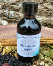 Load image into Gallery viewer, Elderberry elixir made with botanically infused elderberries, honeysuckle, and raw Appalachian honey, perfect for natural wellness.