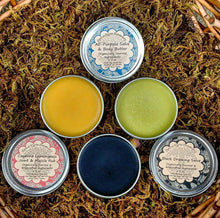 Load image into Gallery viewer, Handcrafted herbal salves made in small batches, using organic and wildcrafted herbs like lavender, comfrey, and calendula for natural care solutions.