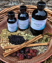 Load image into Gallery viewer, Elderberry Elixir Syrup with Echinacea + Raw Honey for Winter Wellness in 1 oz. Glass Bottle
