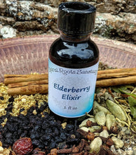 Load image into Gallery viewer, Elderberry Elixir Syrup with Echinacea + Raw Honey for Winter Wellness in 1 oz. Glass Bottle
