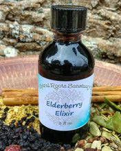 Load image into Gallery viewer, Elderberry Elixir Syrup w/ Raw Honey | Echinacea, Rose Hips, Mullein, Elderflower and Cinnamon