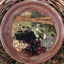 Load image into Gallery viewer, Wildcrafted herbal elderberry syrup with mullein, honeysuckle, and cinnamon, offering a flavorful, natural syrup with a rich blend of botanicals.