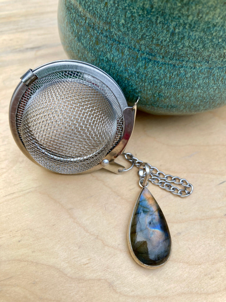 Tea Ball with Labradorite Pendant, Natural Gemstone Infuser for Loose Leaf Tea for Protection + Connection to Magick
