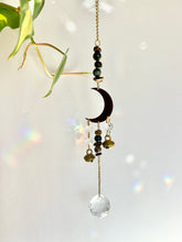 Load image into Gallery viewer, Gold Half Moon Suncatcher with Agate &amp; Tiger’s Eye Beads and Brass Bells – Rainbow Prism Window Decor
